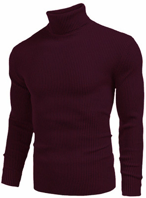 clothster Solid High Neck Casual Men Maroon Sweater
