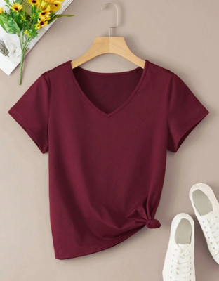 Smart Colors Solid Women Round Neck Maroon T-Shirt