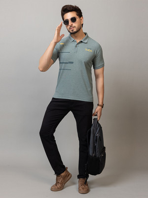 RosyRains Printed, Typography, Graphic Print Men Polo Neck Green T-Shirt