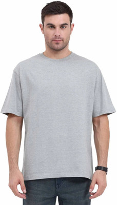 KIDSWING Solid Men Round Neck Grey T-Shirt