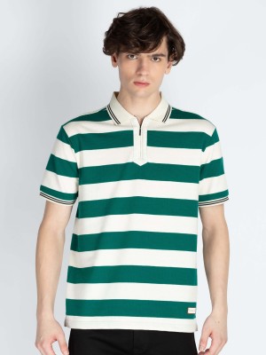 Status Quo Striped Men Polo Neck Green T-Shirt