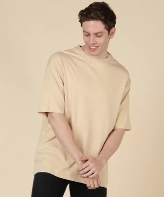 clickwell Solid Men Round Neck Beige T-Shirt