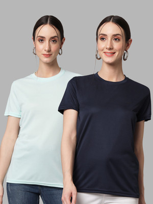 InkTees Solid Women Round Neck Green, Navy Blue T-Shirt