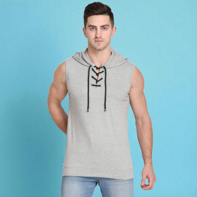 FARICON Solid Men Hooded Neck Grey T-Shirt