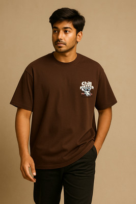 Flicky Fusion Printed Men Round Neck Brown T-Shirt