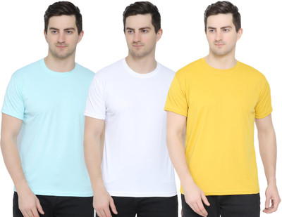 YUALIN CREATION Solid Men Round Neck Yellow, White, Light Blue T-Shirt
