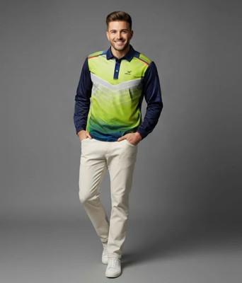 lookswala Printed, Geometric Print, Washed/Ombre Men Polo Neck Multicolor T-Shirt