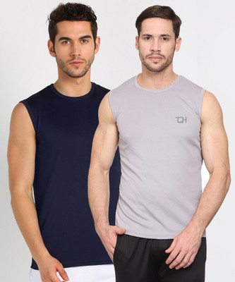 TQH Solid Men Round Neck Dark Blue, Grey T-Shirt