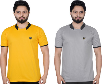 La Milano Solid Men Round Neck Grey, Yellow T-Shirt