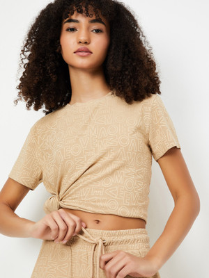 MAX Printed Women Round Neck Beige T-Shirt