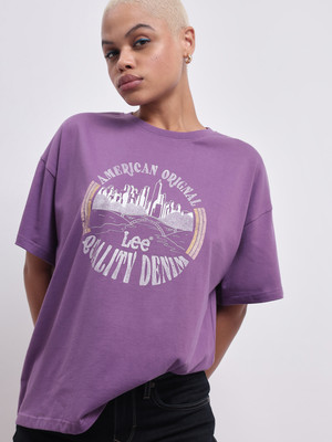 LEE Printed, Typography Women Round Neck Purple T-Shirt
