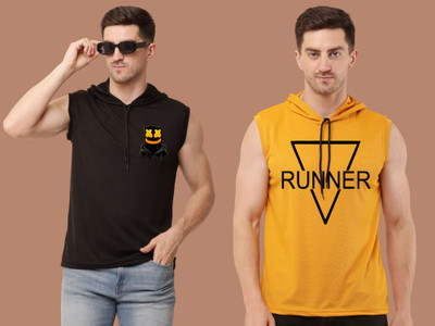 Mundali Printed Men Hooded Neck Black, Yellow T-Shirt