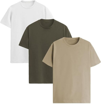 Ishrat Solid Men Round Neck White, Dark Green, Beige T-Shirt