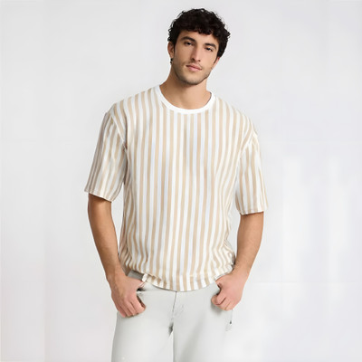 COPEHHI Checkered Men Round Neck White, Brown T-Shirt
