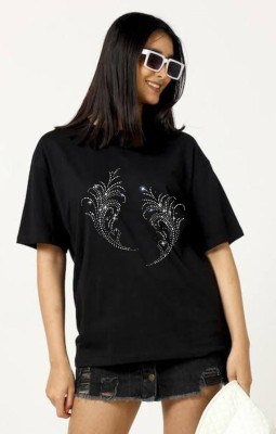 Aster Embroidered Women Round Neck Black T-Shirt