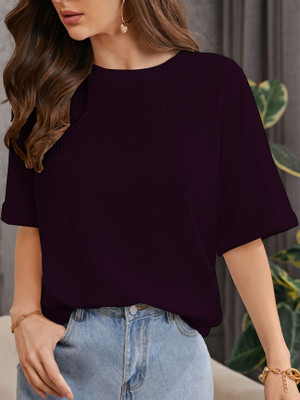 Denzolee Self Design Women Round Neck Reversible Maroon T-Shirt
