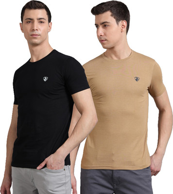 HIBEX POLO Solid Men Round Neck Black, Beige T-Shirt