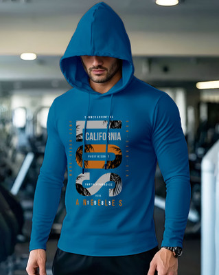 AUSK Printed Men Hooded Neck Dark Blue T-Shirt