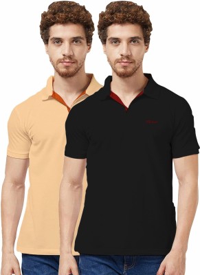 TAB91 Solid Men Mandarin Collar Black, Beige T-Shirt