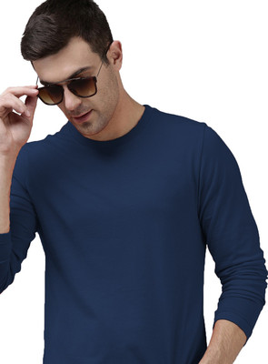 Organic Chics Solid Men Round Neck Navy Blue T-Shirt