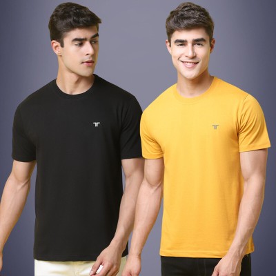 1 Stop Fashion Solid Men Round Neck Black, Yellow T-Shirt