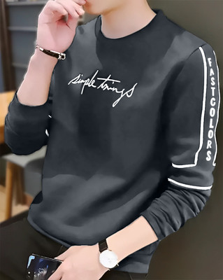 Azy Fabrics Printed Men Round Neck Grey T-Shirt