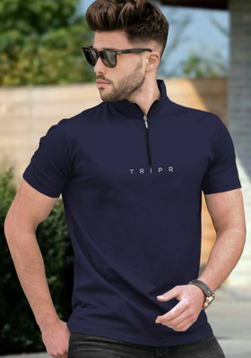 TRIPR Solid Men Henley Neck Navy Blue T-Shirt