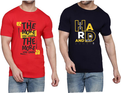 WOOSTRO Printed Men Round Neck Red, Dark Blue T-Shirt