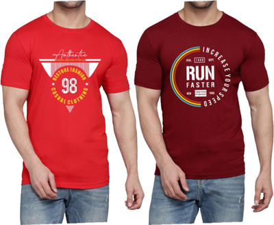 WOOSTRO Printed Men Round Neck Red, Maroon T-Shirt