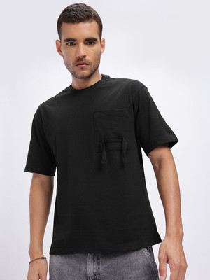 Glitchez Solid Men Round Neck Black T-Shirt