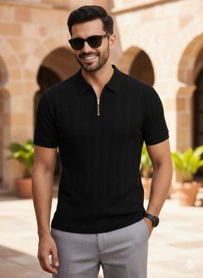 Siya Fashion Solid Men Zip Neck Black T-Shirt