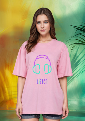 SLENOR Graphic Print Women Round Neck Pink T-Shirt