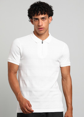 PARX Self Design Men Polo Neck White T-Shirt
