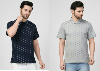 SMASH SMART WEAR Printed Men Polo Neck Navy Blue, Grey T-Shirt