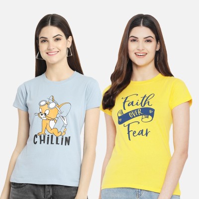 Fabflee Casual Printed Women Light Blue, Yellow Top