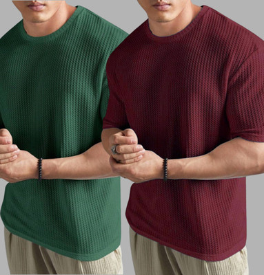 Lets Create Solid Men Round Neck Maroon T-Shirt