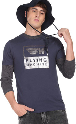 FLYING MACHINE Typography Men Round Neck Blue T-Shirt