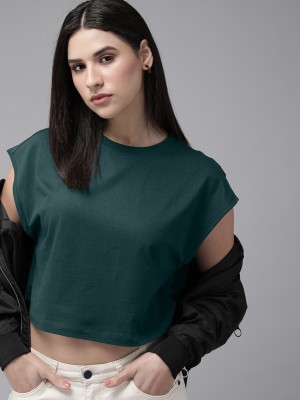 Roadster Solid Women Round Neck Dark Green T-Shirt