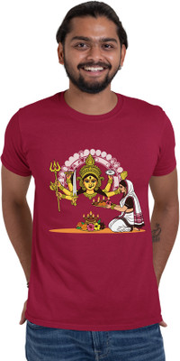 DESIGNZA Printed Men Round Neck Maroon T-Shirt
