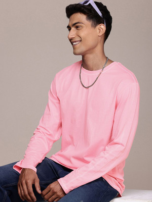 WROGN Solid Men Round Neck Pink T-Shirt
