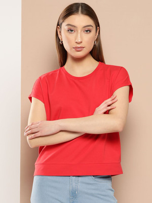 CHEMISTRY Solid Women Round Neck Red T-Shirt