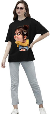 Gujjuunicorns Cartoon Women Round Neck Black T-Shirt