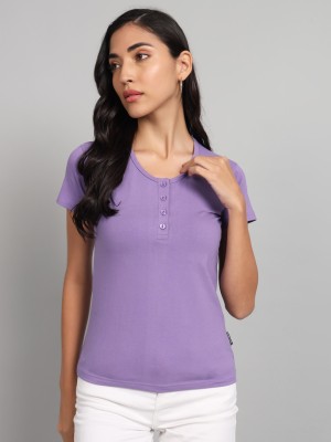 THE DRY STATE Solid Women Round Neck Purple T-Shirt