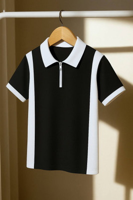 Lieo Trend Colorblock Men Zip Neck Black, White T-Shirt