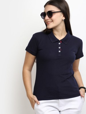V-MART Solid Women Mandarin Collar Blue T-Shirt