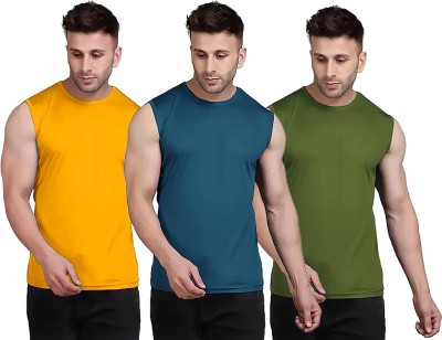 Think Tech Solid Men Round Neck Yellow, Blue, Dark Green T-Shirt