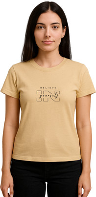 Buddy Collection Printed Women Round Neck Beige T-Shirt