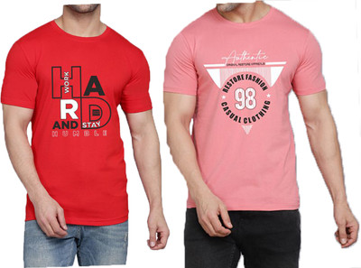 WOOSTRO Printed Men Round Neck Red, Pink T-Shirt