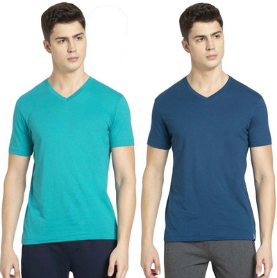 JOCKEY Solid Men V Neck Light Green, Blue T-Shirt