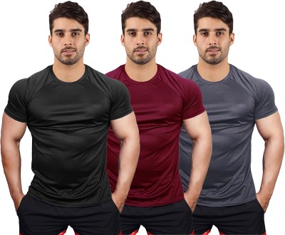 UDI n ADI Solid Men Round Neck Black, Maroon, Grey T-Shirt